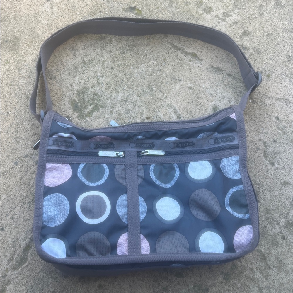 LeSportSac Grey/Pink Circular Design Lightweight Nylon Crossbody Purse